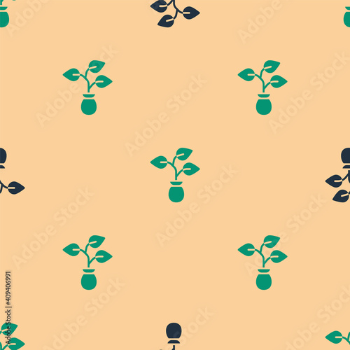 Green and black Plant icon isolated seamless pattern on beige background. Seed and seedling. Leaves sign. Leaf nature. Vector.