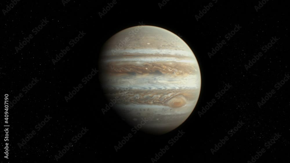 Close-up of the planet Jupiter rotating on its axis against a background of the starry sky. View from a distant orbit.