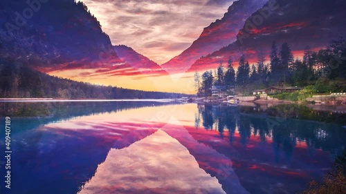 reflection landscape a stream of luminous particles, a cycle of a stream of luminous particles. light effects moving and flexible lines in abstract style energy meditation