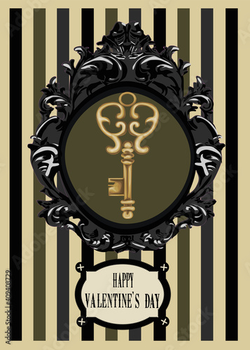 Vintage valentine's day card with golden key - vector card