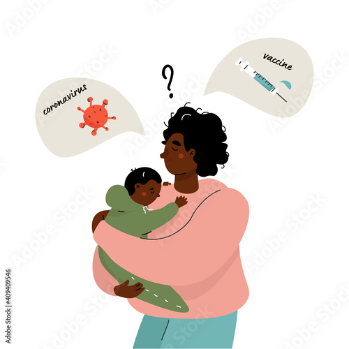 Black woman with baby chooses between the coronavirus vaccine and the refusal of the vaccine concept flat vector illustration in cartoon style. A metaphor for thinking about a new coronavirus vaccine.