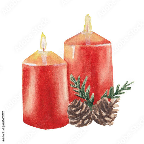 Watercolor red candles illustration Christmas and new year decor, greeting card, party invitatiion, hand painted clipart photo