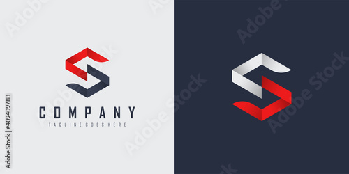 Initial Letter S Logo. Blue and Red Geometric Hexagonal Line Origami Style isolated on Double Background. Usable for Business, Building and Branding Logos. Flat Vector Logo Design Template Element.