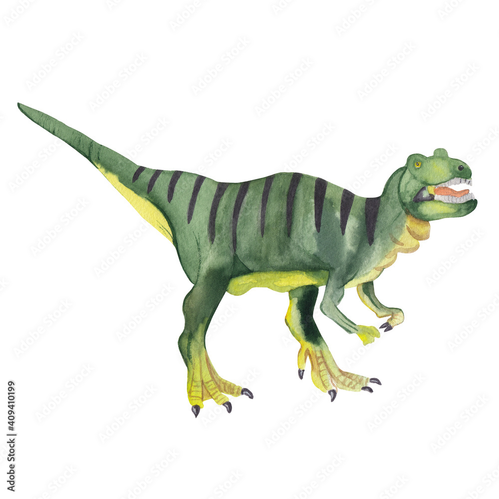 Obraz premium Watercolor dinosaur illustration. T-rex dinosaur. Cute dino High resolution hand painted artwork. Watercolor animal isolated on white Baby shower, nursery, kids, card, invitation.