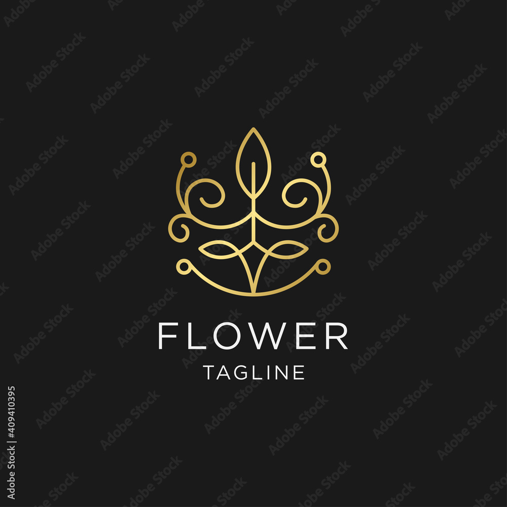 Abstract gold flower logo design. Vector unusual golden floral symbol. Elite premium oriental icon. Expensive vintage line mark