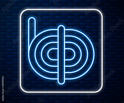 Glowing neon line Climber rope icon isolated on brick wall background. Extreme sport. Sport equipment. Vector.