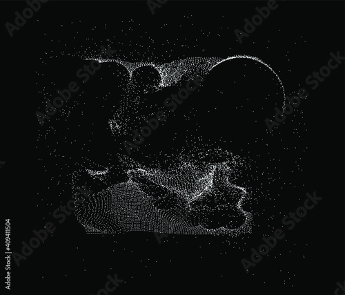 Ordered array of particles, surface made of dots. Conceptual illustration of fluid matter with oscillation and fluctuation. Generative computer art. photo