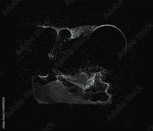 Ordered array of particles, surface made of dots. Conceptual illustration of fluid matter with oscillation and fluctuation. Generative computer art.