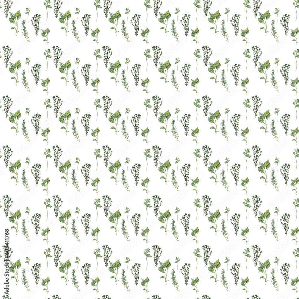Watercolor seamless pattern with herbs Colorful background for scrap book, fabric, textile and paper design Home decor, kitchen and cooking background