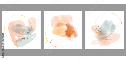 A set of three colorful aesthetic watercolor backgrounds. Minimalistic abstract posters for social media, cover design, web, home decor. Vintage illustrations with thin lines, blots, shapes.