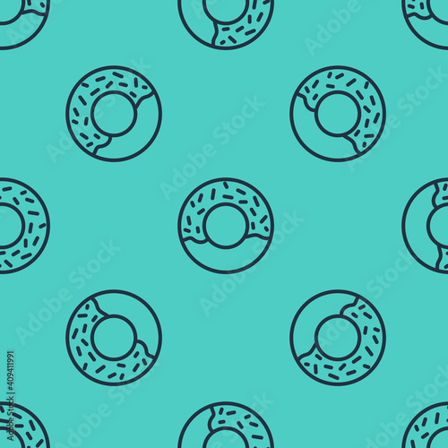 Black line Donut with sweet glaze icon isolated seamless pattern on green background. Vector.