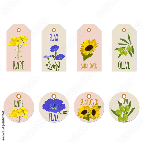 Collection of tags for oils, natural cosmetics, soap from olive, sunflower, flax, rapeseed on a white isolated background.