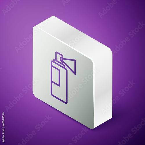 Isometric line Perfume icon isolated on purple background. Silver square button. Vector.