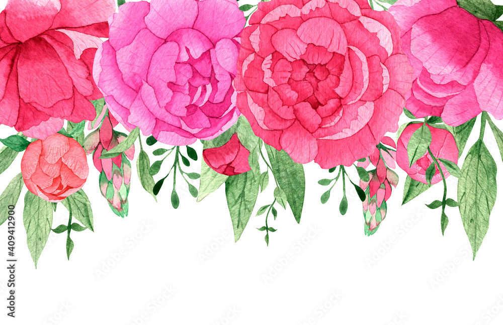 Floral border of bright pink watercolor peonies and green foliage ...