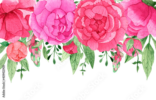 Floral border of bright pink watercolor peonies and green foliage. Floral drop.  Hand-drawn. For invitations, greetings, wedding design, sublimation, textiles, stickers.