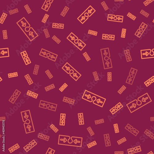 Brown line Acne icon isolated seamless pattern on red background. Inflamed pimple on the skin. The sebum in the clogged pore promotes the growth of a bacteria. Vector.