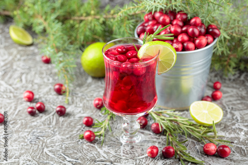 Glass of cranberry drink with berries, lime, and rosemary.