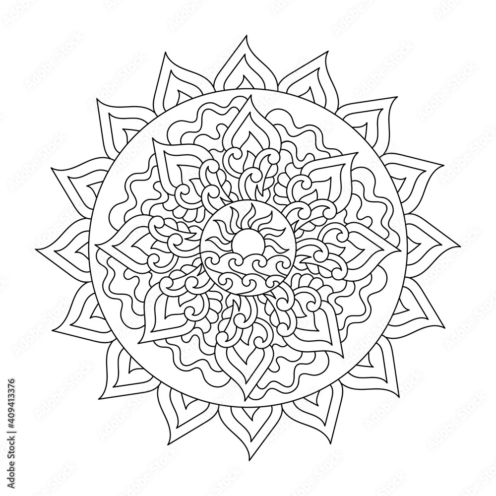 Mandala, a symbol of summer and the sea. Meditative drawing for coloring, hand-drawn vector illustration for children and adults
