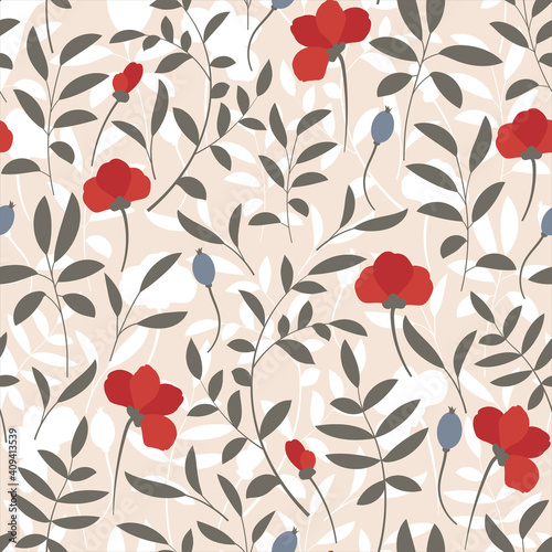 Seamless pattern with leaves and red flowers in a modern flat style on a beige background. The seamless pattern is suitable for fabrics  covers  wallpapers  books  decor  etc.