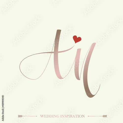 AM monogram logo.Abstract calligraphic signature icon.Letter a and letter m.Lettering sign isolated on light fund.Alphabet initials.Rose gold uppercase wedding script characters and heart shape.
