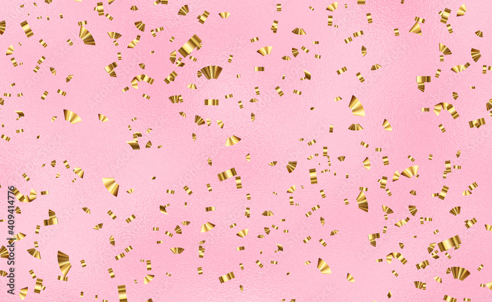 Festive falling Gold confetti isolated on pink background, golden glitter holiday backdrop. Golden sparkles on pink pastel trendy background. Festive backdrop for your projects.