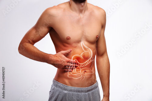 Stomach pain, human abdomen painful zone