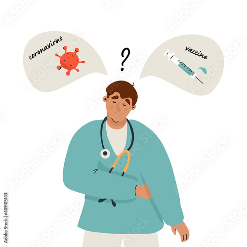 Doctor man chooses between the coronavirus vaccine and the refusal of the vaccine concept flat vector illustration in cartoon style. A metaphor for thinking about a new coronavirus vaccine. Covid-19