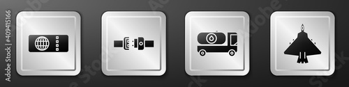 Set Airline ticket, Safety belt, Fuel tanker truck and Jet fighter icon. Silver square button. Vector.