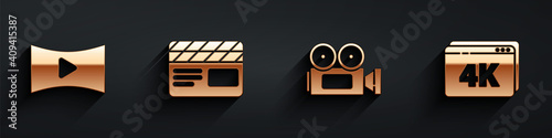 Set Online play video, Movie clapper, Cinema camera and Online play video with 4k icon with long shadow. Vector.