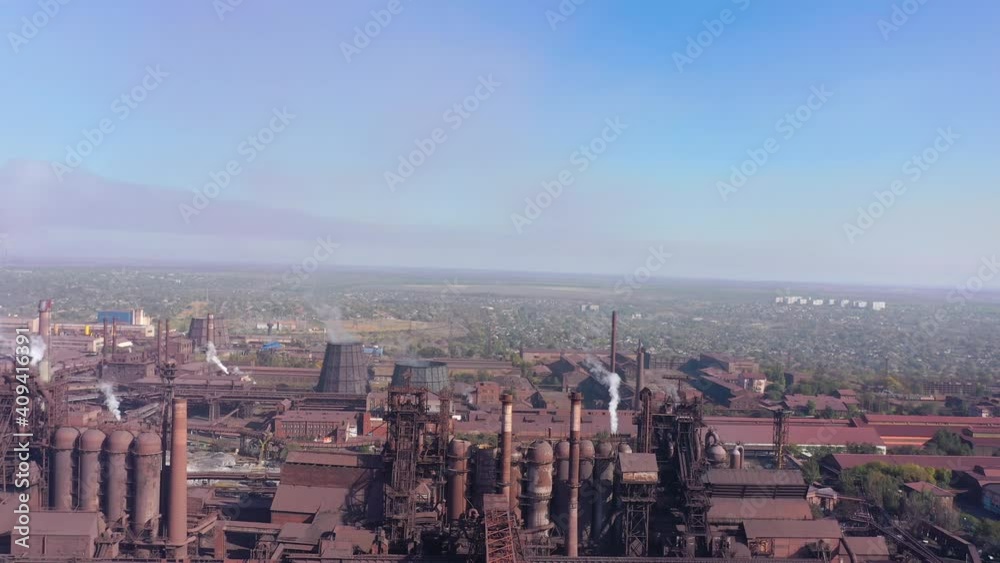 Environmental pollution. Blast-furnace shop of a metallurgical plant. Aerial view. Environmental pollution. Blast-furnace shop of a metallurgical plant. Aerial view.