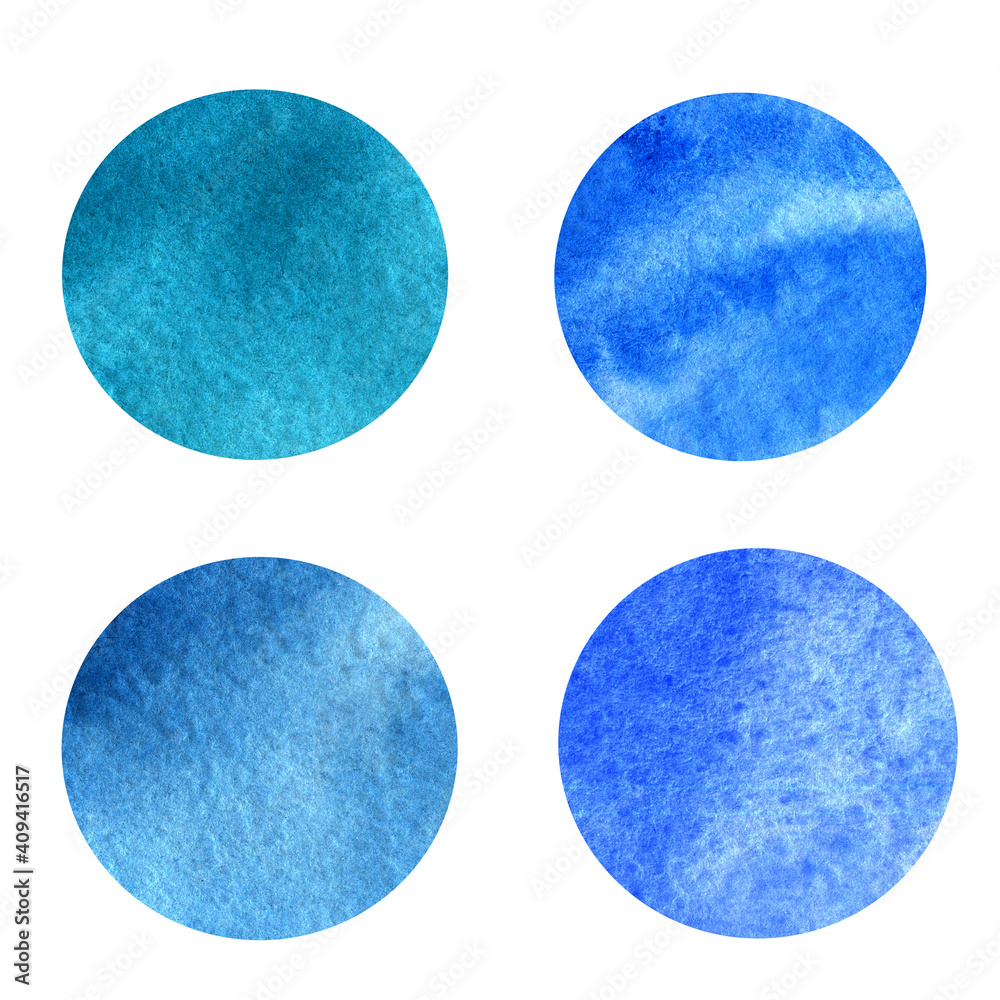 Watercolor set of blue splashes and stains on white paper Watercolor set of blue splashes and stains on white paper