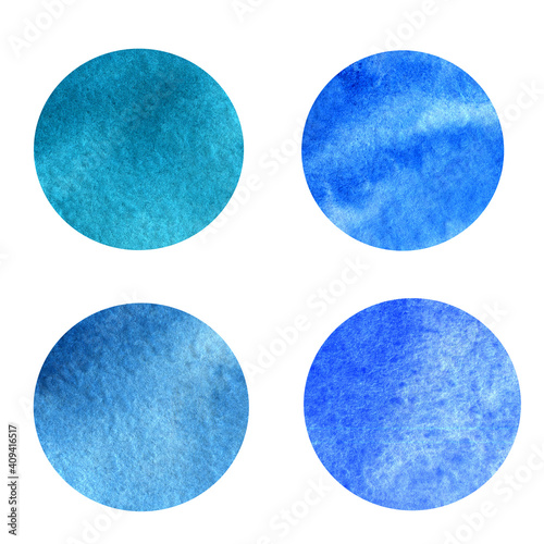 Watercolor set of blue splashes and stains on white paper