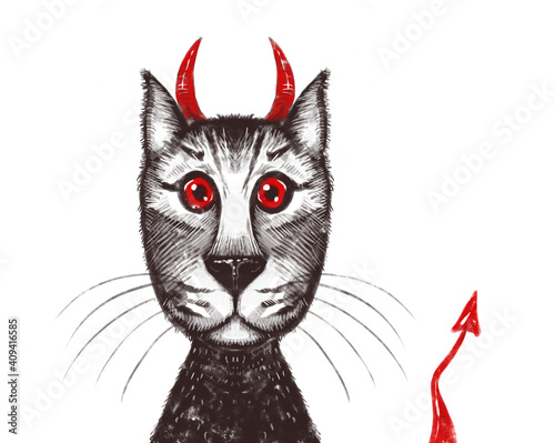 Portrait of the cat of Satan. Cat with horns and a demon's tail, with red eyes