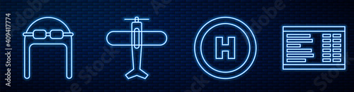 Set line Helicopter landing pad, Aviator hat with goggles, Plane and Airport board. Glowing neon icon on brick wall. Vector.