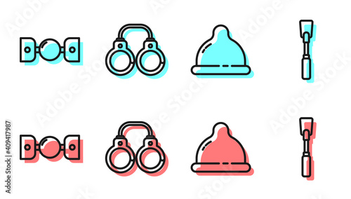 Set line Condom, Silicone ball gag with belt, Sexy fluffy handcuffs and Leather whip icon. Vector.