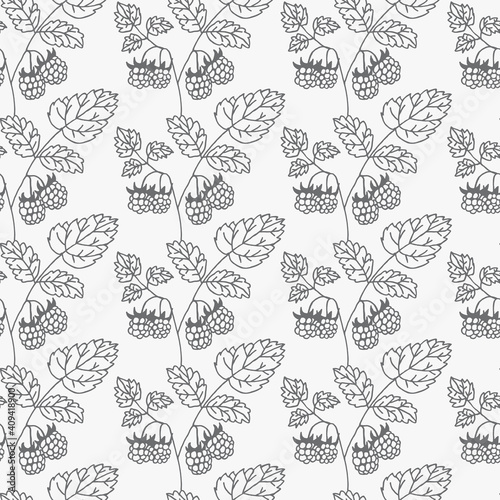 Elegant black and white hand-drawn seamless pattern with branches of wild berries. Applicable for creating wrapping papers, wallpapers, fabrics and decorative backgrounds. Vector illustration.
