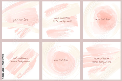 Set of abstract backgrounds with watercolor brush strokes in pink and beige colors. Wind illustrations for decor, backgrounds, banners, logos, cards, invitations, etc.