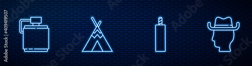 Set line Dynamite bomb, Canteen water bottle, Indian teepee or wigwam and Cowboy. Glowing neon icon on brick wall. Vector.