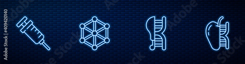 Set line Genetically modified chicken, Syringe, GMO and apple. Glowing neon icon on brick wall. Vector.
