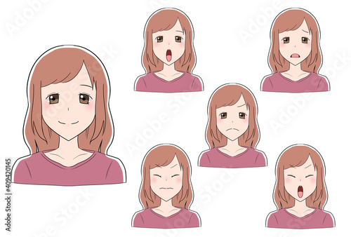 ピンクの私服を着た女性　6点セット　表情