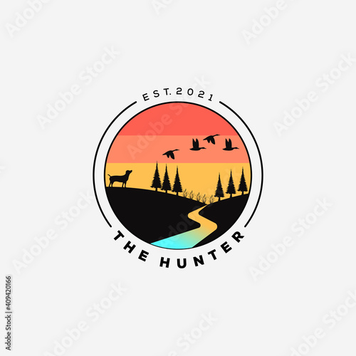 dog hunter logo vector illustration. dog hunting flying duck symbol