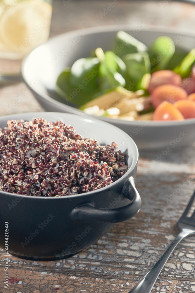 Bowl of soaked quinoa with sprouts for a vegan meal Bowl of soaked quinoa with sprouts for a vegan meal