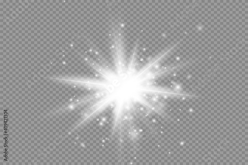 White glowing light explodes on a transparent background. Sparkling magical dust particles. Bright Star. Transparent shining sun, bright flash. Vector sparkles. To center a bright flash.