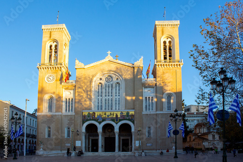  The Metropolitan Cathedral of the Annunciation is the cathedral church of the Archbishopric of Athens and all Greece. Sunny afternoon with blue sky