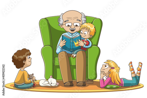 A grandfather reads fairy tales to children. Hand drawn vector illustration with separate layers.