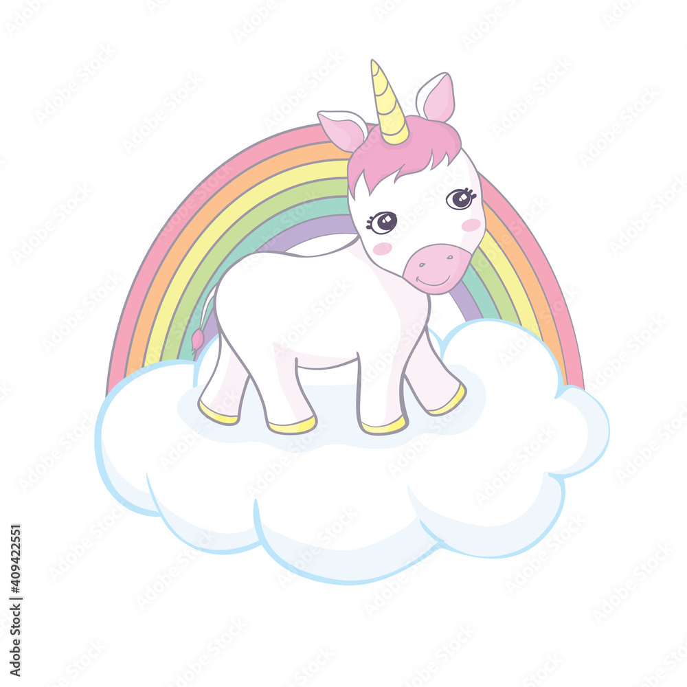 Cute magical unicorn and rainbow. Vector design isolated on white background. Print for t-shirt or sticker. Romantic hand drawing illustration for children.