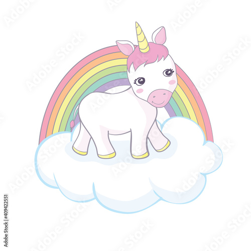 Cute magical unicorn and rainbow. Vector design isolated on white background. Print for t-shirt or sticker. Romantic hand drawing illustration for children.
