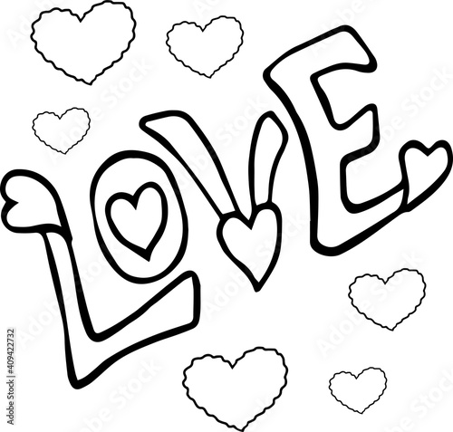 vector hand drawn line art print with sign Love. Lettering.