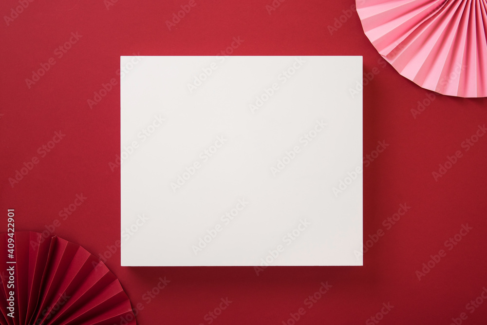 Valentine's day background with red and pink fans, white paper, flyer, romantic postcard