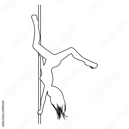 Pole dancer with long hair hanging on the pole upside down on the white background.